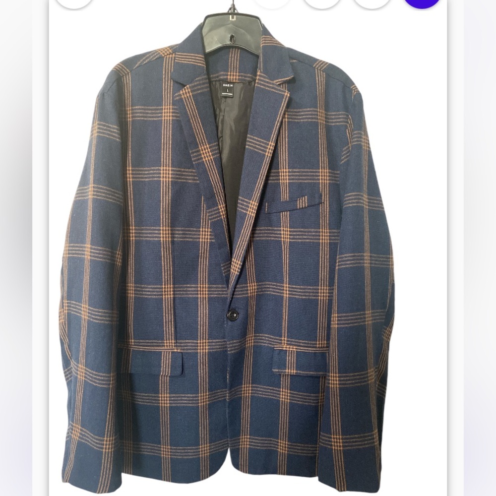 SHEIN Men's Check Plaid Single Button Blazer Navy Blue & Orange Size - L NWOT - Picture 4 of 9
